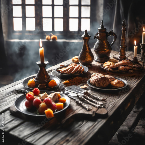 A rustic wooden table stands within the dimly lit, smoky interior of a ship's cabin.  Warm croissants, steaming coffee, and fresh fruit offer a simple feast.   Gentle, vintage light cuts through the d