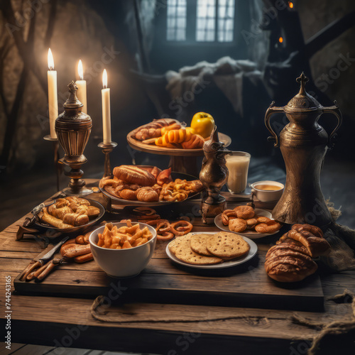 A rustic wooden table stands amidst the smoky, dim interior of a ship cabin. A breakfast of warm croissants, steaming coffee, and fresh fruit adds a touch of brightness. Soft, vintage light filters th