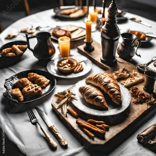 dimly lit atmosphere of a ship cabin sets a mysterious stage. Warm croissants, steaming coffee, and fresh fruit brighten a rustic wooden table. Soft, vintage light adds a nostalgic touch. I