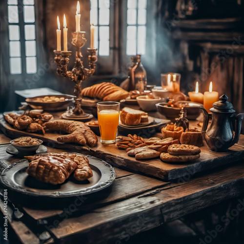 In the dim, smoky confines of a ship cabin, a rustic wooden table holds a delightful surprise. Warm croissants, steaming coffee, and a burst of fresh fruit beckon. Soft, vintage light washes over the 