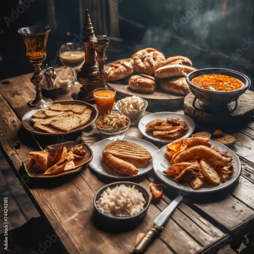 The smoky haze of a ship cabin, dimly lit and atmospheric, sets the scene. A rustic wooden table displays a comforting breakfast: warm croissants, steaming coffee, and fresh fruit. Soft, vintage light