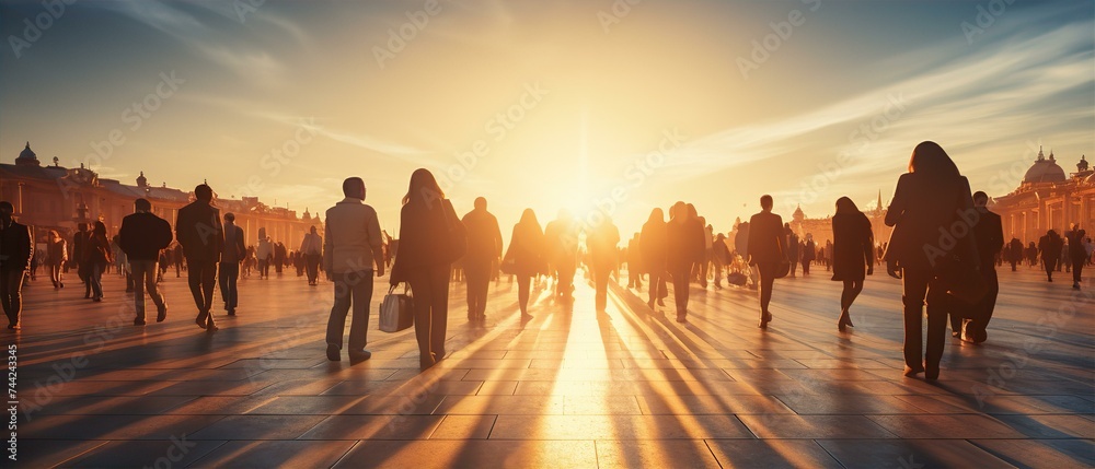 Crowd of people walking on wide city street with sunset at the background., City life, social issues concept
 - obrazy, fototapety, plakaty 