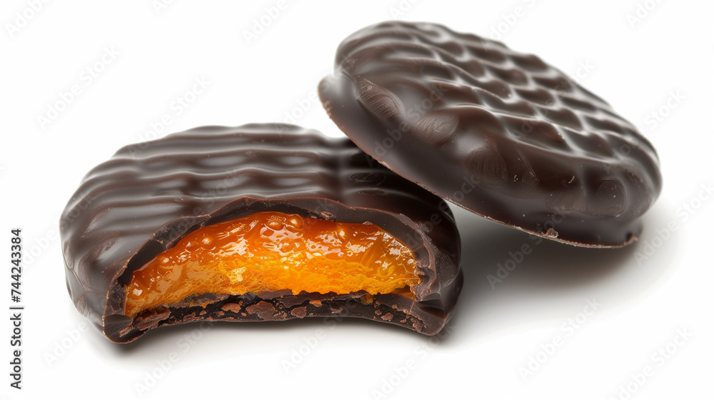 Homemade artisenal jaffa cakes with orange jello filling on bright white background Homemade artisenal jaffa cakes with orange jello filling on bright white background