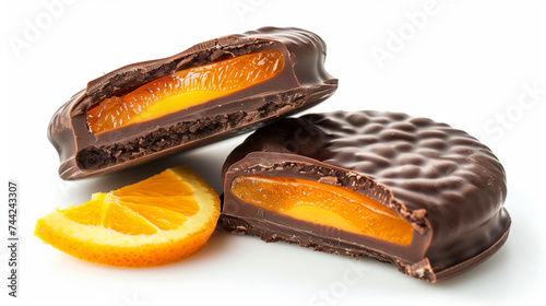Homemade artisenal jaffa cakes with orange jello filling on bright white background