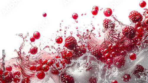 Fresh summer compote, juice with berries beautiful splash at white background and copy space. Strawberry, blackberry, black currant, raspberry 