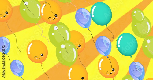 Image of colorful balloons flying over yellow background