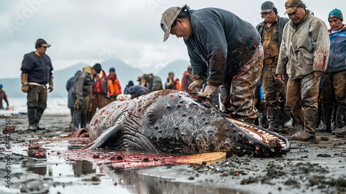 Whalers, the Hunters of whales are catting meat at beach and share the prey with village community 