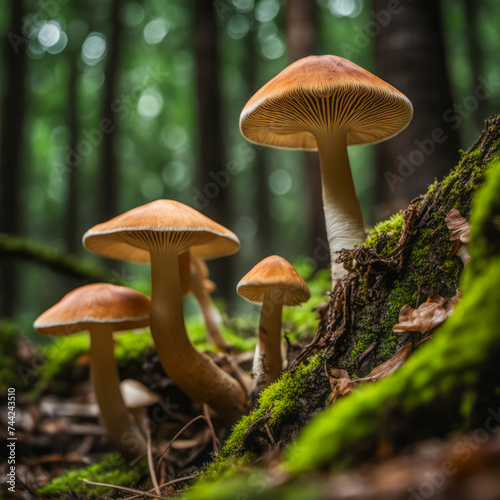 A cluster of mushrooms emerges from the ground within a dense forest.
