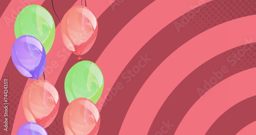 Image of colorful balloons flying over red background