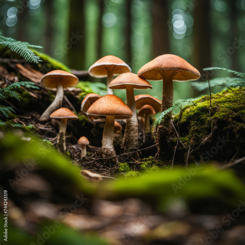 Mushrooms grow on the forest floor with trees in the background.
