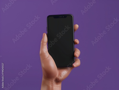 3D Cartoon hand holding smartphone isolated on purple background, Hand using mobile phone mockup. 3d render