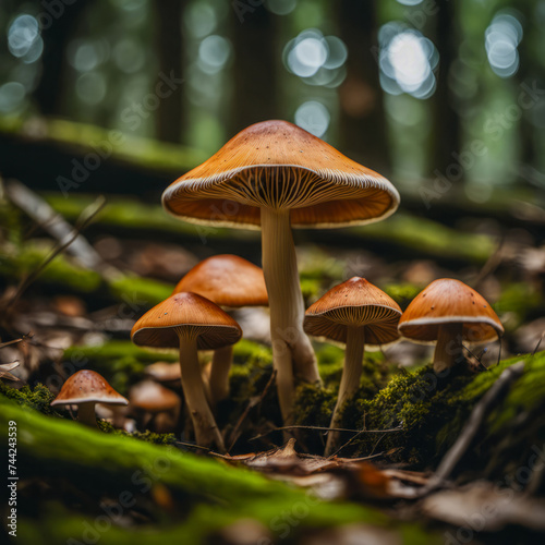 Fertile mushrooms sprout from the ground in a forest setting.

