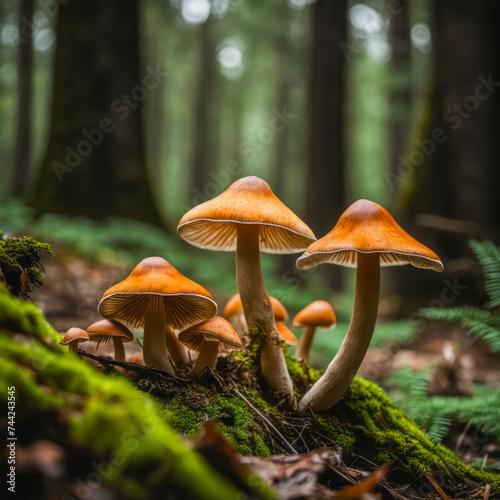 fertile mushrooms sprouting from the ground with the forest in the background  --- 5 variations
