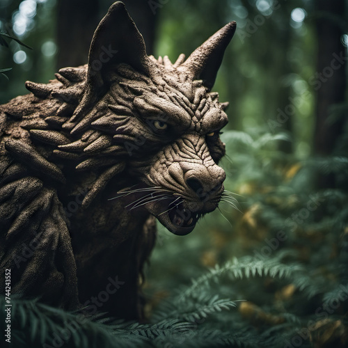 stylized angry wolf carved in wood with forest in the background