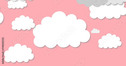 Image of pink balloons flying over pink sky background