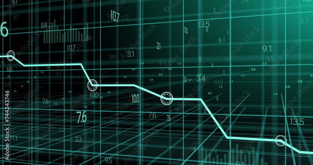 Image of blue graph and data processing over 3d grid Image of blue graph and data processing over 3d grid
