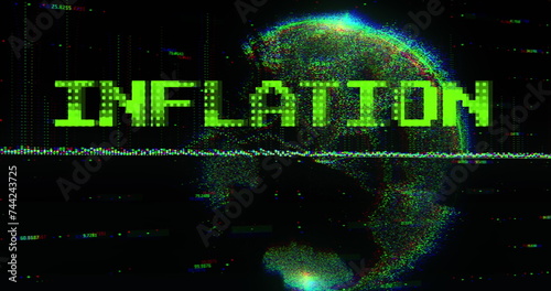 Image of inflation text in green over global communication network and processing data
