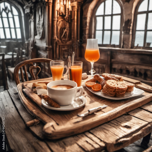 A weathered wooden table in the smoky dimness of a ship's cabin holds a breakfast spread: warm croissants, steaming coffee, and fresh fruit.  Gentle, vintage light pierces the darkness. Hints of trave