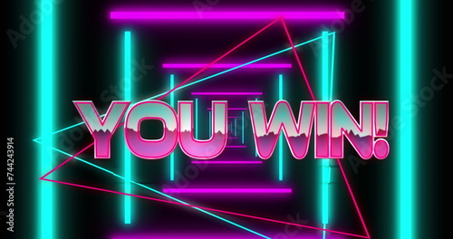 Image of you win text over moving shapes on black background