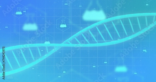 Image of 3d micro of dna strand and chemistry icons on blue background © vectorfusionart