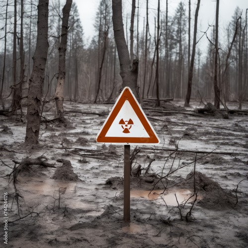 A wooden sign stands defiantly against a backdrop of withered trees, its message lost to the elements.