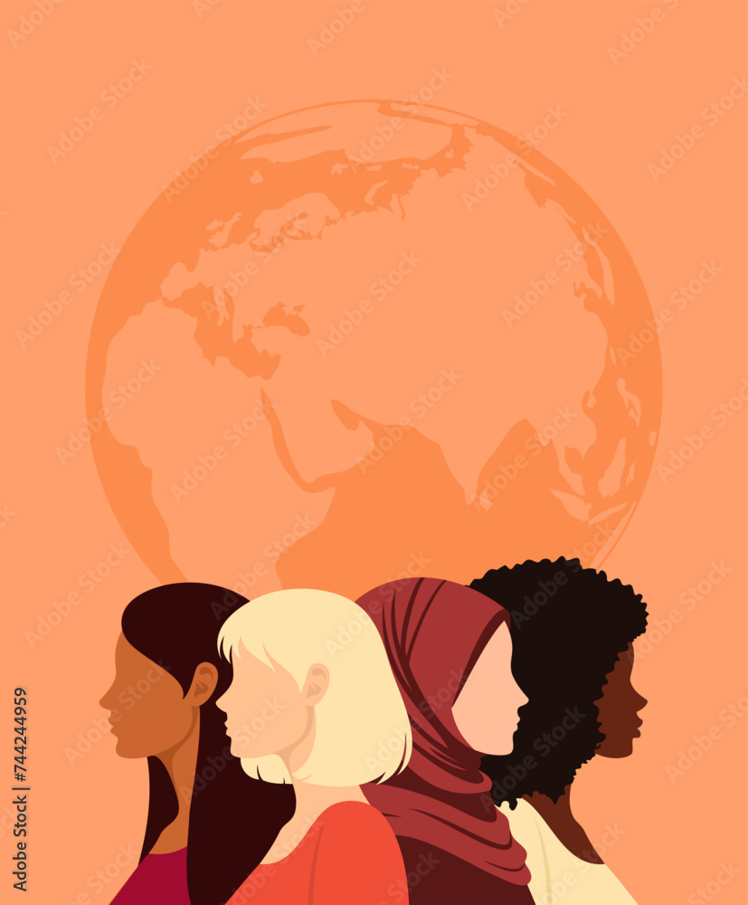 Women of different ethnicities, skin tones and hair colors standing together with the Earth globe in the background. Vector illustration in flat style