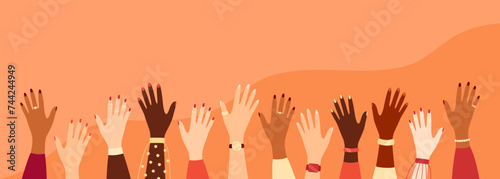Hands of women of different nationalities and skin tones reaching up. Flat vector illustration