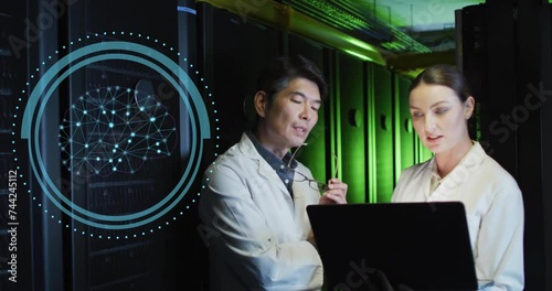 Wallpaper Mural Animation of scanner with brain network over diverse male and female technicians in server room Torontodigital.ca