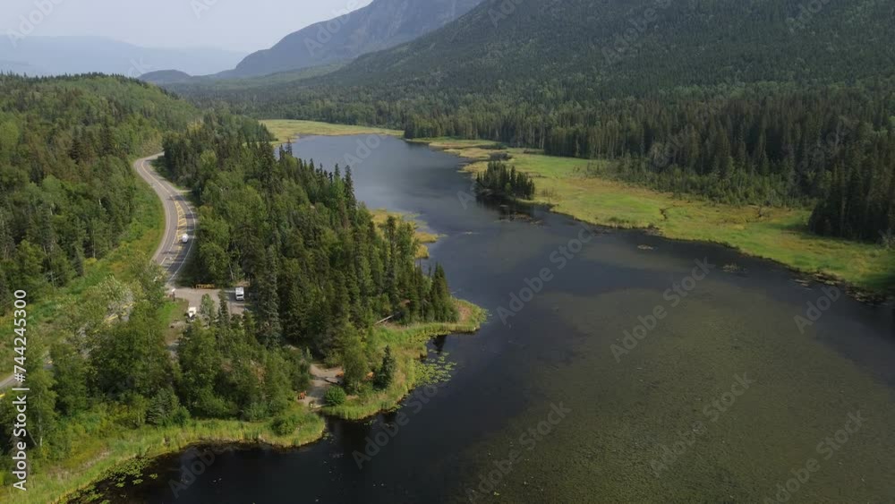 Aerial Drone View of Seeley Lake Provincial Park with Yellowhead Highway Alongside the Beautiful Landscape at Smithers, Canada. Aerial Drone View of Seeley Lake Provincial Park with Yellowhead Highway Alongside the Beautiful Landscape at Smithers, Canada.
