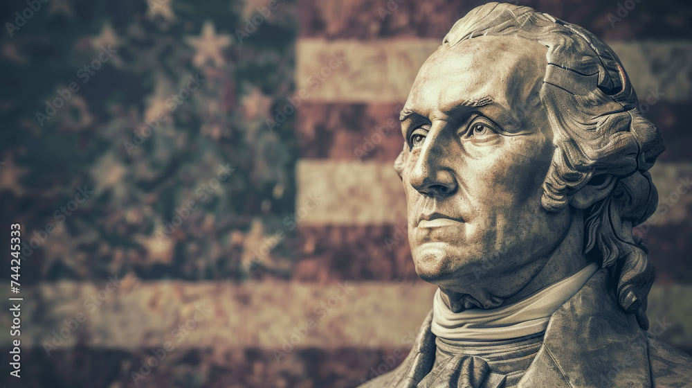 Fototapeta premium Statue of George Washington with American flag in the background