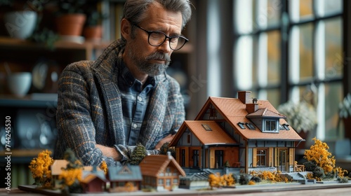 A man in a formal attire is focused on examining a detailed model of a house in a realtors office.