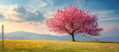 A stunning pink tree stands tall in a picturesque field, surrounded by breathtaking mountains.