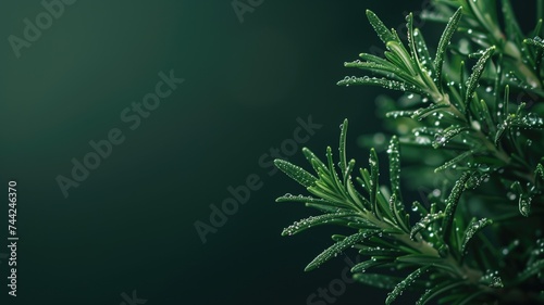 Fresh rosemary herb with dew drops against a dark background