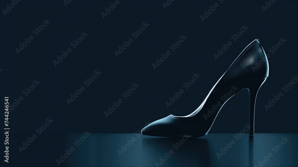 Black high heel shoe on dark reflective surface - obrazy, fototapety, plakaty 