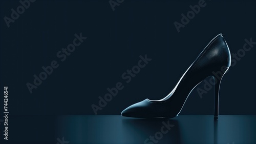 Black high heel shoe on dark reflective surface photo