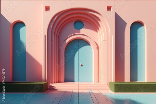 abstract pink building, front view, close up