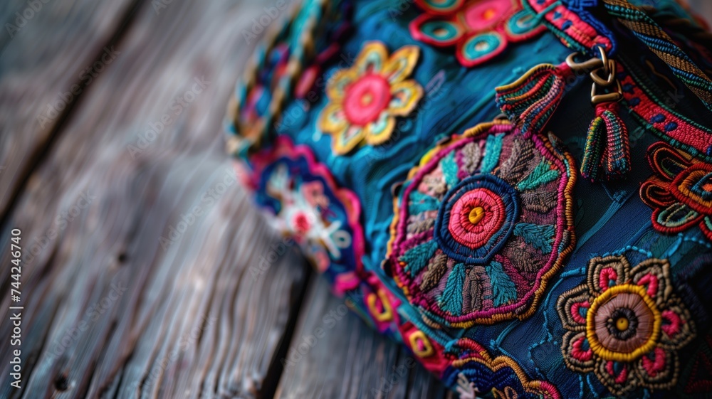 Close-up of an embroidered bag with vibrant floral patterns Close-up of an embroidered bag with vibrant floral patterns