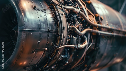 Close-up of a complex jet engine with intricate details