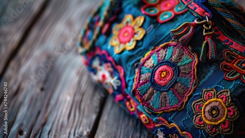 Close-up of an embroidered bag with vibrant floral patterns