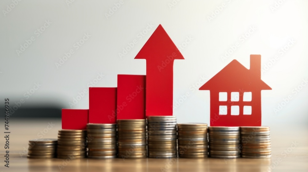 Red graph rising above stack coins and house model generative ai Red graph rising above stack coins and house model generative ai