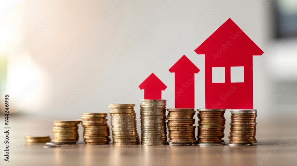 Red graph rising above stack coins and house model generative ai Red graph rising above stack coins and house model generative ai