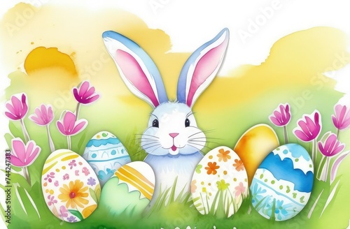 Holiday celebration banner with cute Easter bunny with decorated eggs and spring flowers on green spring meadow. Rabbit in landscape. Happy Easter greeting card, banner, festive background.Copy space