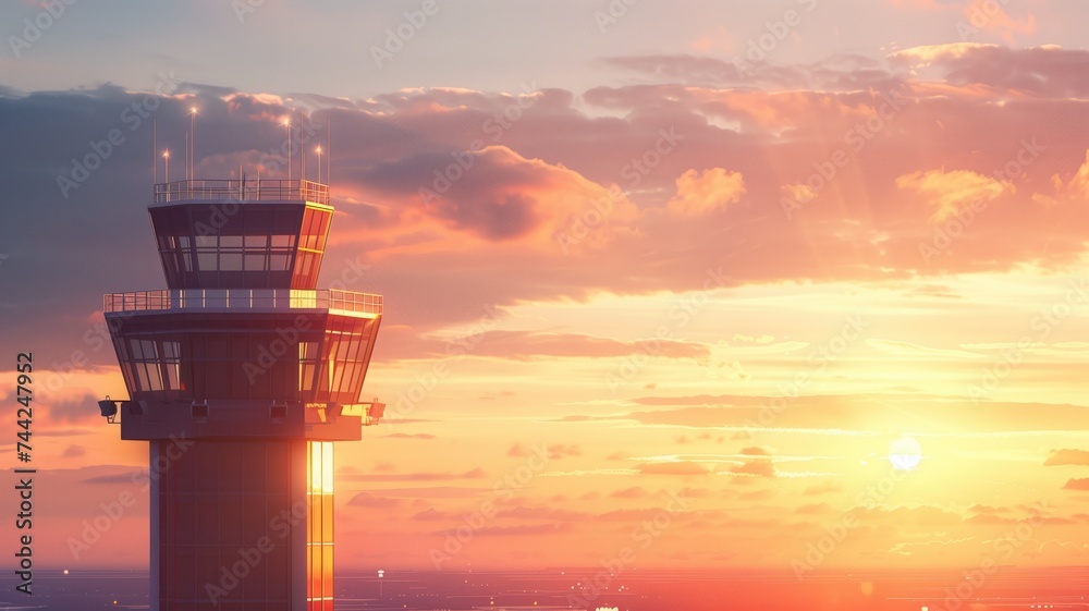 Air traffic control tower at sunset