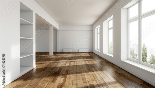 Interior of empty home living room with wooden floor