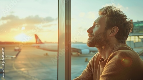 Man looking at a sunset from an airport window © Татьяна Макарова