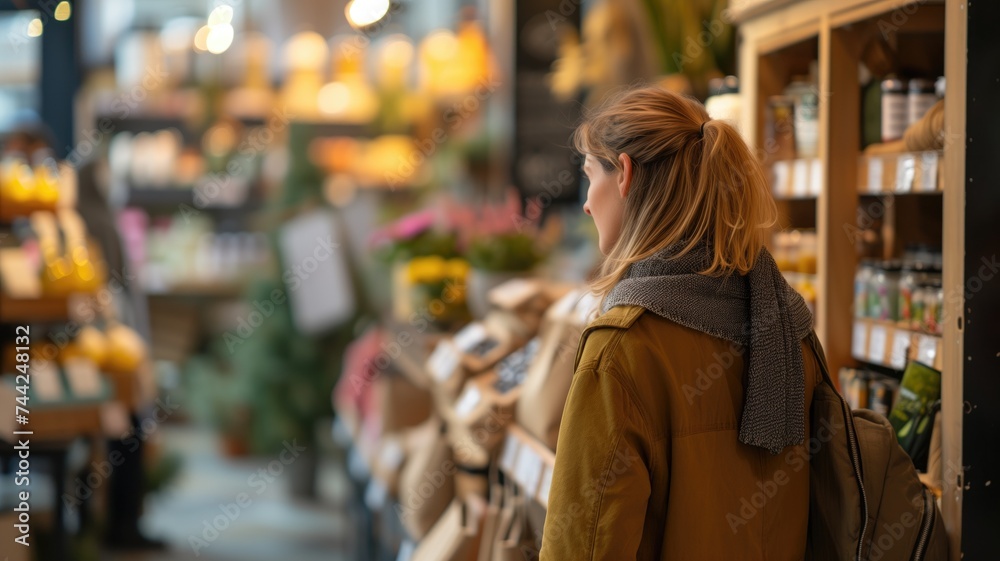 A woman browsing through a vibrant flower market