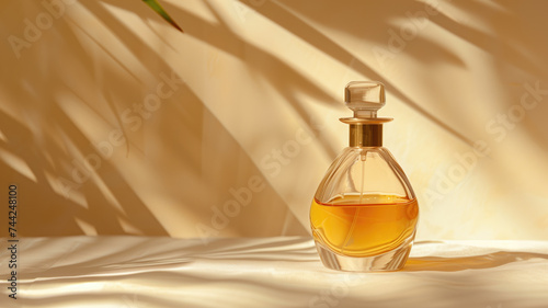 Perfume bottle with shadows on a silk background