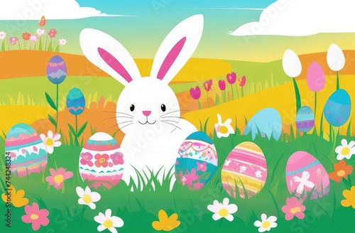 Holiday celebration banner with cute Easter bunny with decorated eggs and spring flowers on green spring meadow. Rabbit in landscape. Happy Easter greeting card, banner, festive background.Copy space