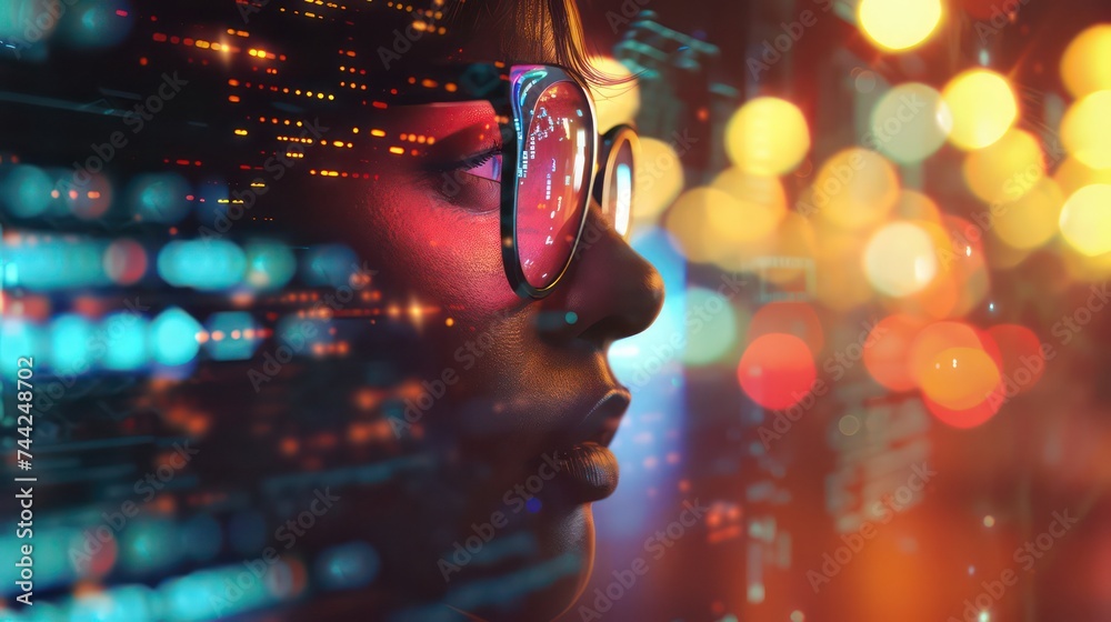 Young beautiful woman with glasses watching crypto analyses on the screen. A reflection of the graphics on the screen on her glasses. Cryptocurrency and forex background image. Crypto trader girl. Young beautiful woman with glasses watching crypto analyses on the screen. A reflection of the graphics on the screen on her glasses. Cryptocurrency and forex background image. Crypto trader girl.