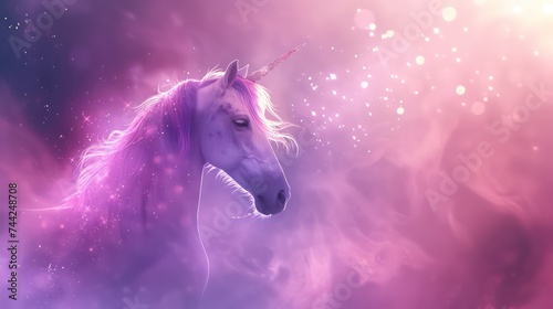 Fantasy rainbow purple sky in sparkling stars and unicorn for design. illustration for children.